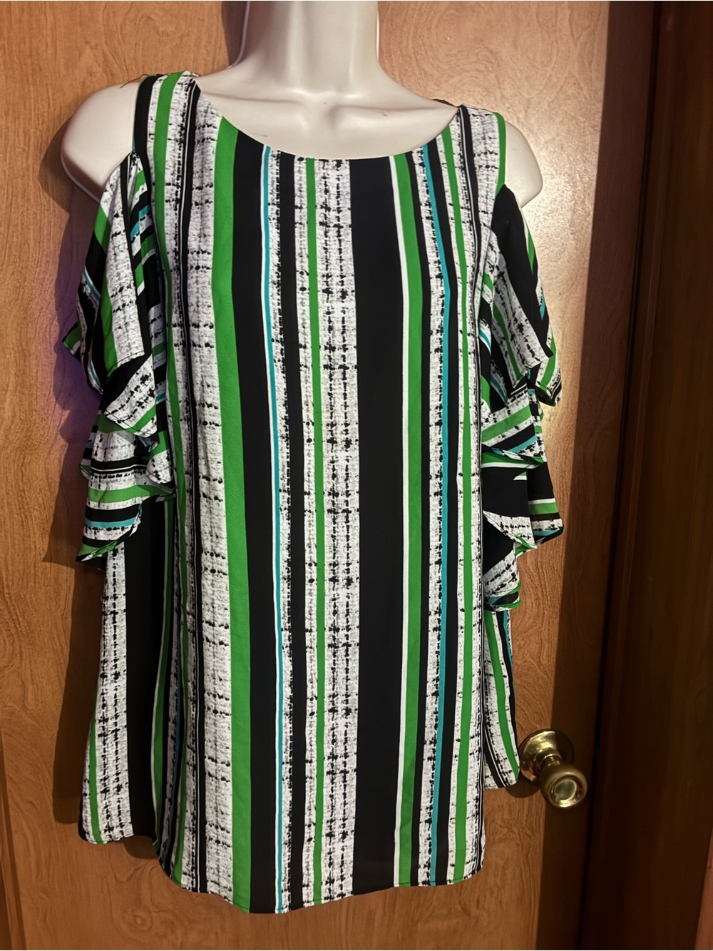 Worthington Vertical Stripe Cold-Shoulder Tunic in Green, Black and White